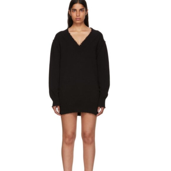 T by Alexander Wang Black Distressed V-Neck Sweater Dress - Picture 1 of 7